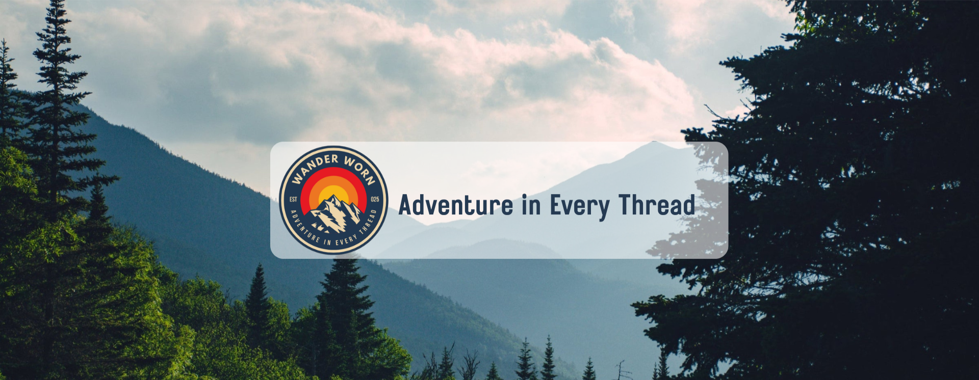 Nature scene with mountains and trees, featuring a brand logo and tagline.